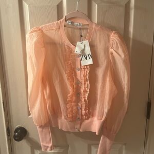 NWT Zara  SALMON PINK KNIT & ORGANZA RHINESTONE BUTTON JACKET